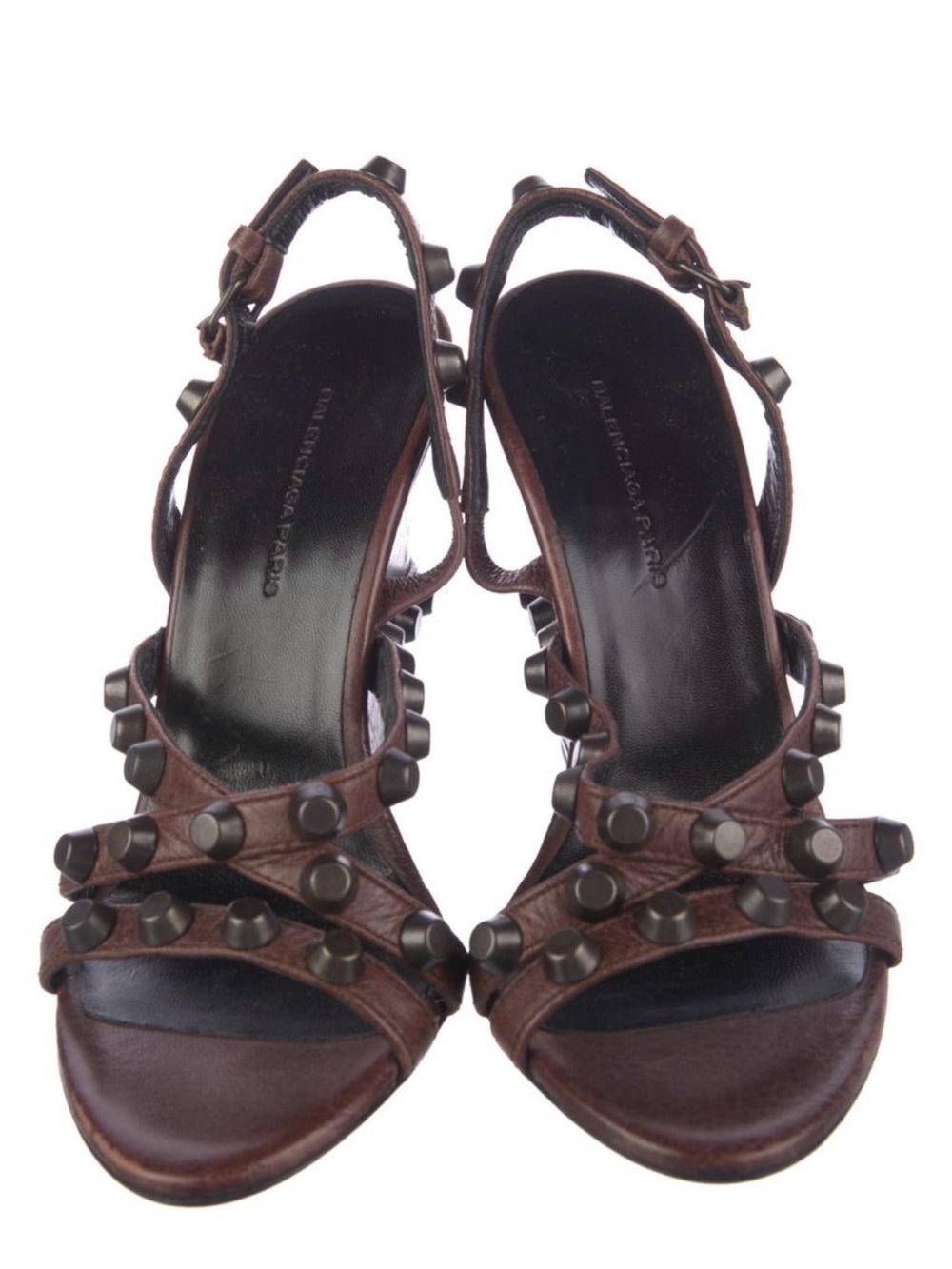 Balenciaga Dark Brown Studded Leather Slingback Sandals